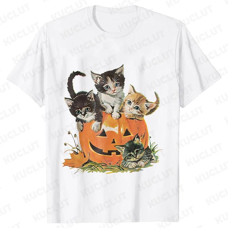 Fashion Halloween Party Tee Shirt Women Clothing Harajuku Designer Cat Pumpkin Halloween Graphic Y2k Tops Short Sleeve Tshirt