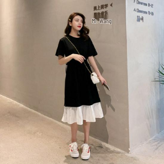 

2019 Летнее платье-футболка миди в корейском стиле из двух частей с шнуровкой и лоскутным шитьем, приталенное S чёрный