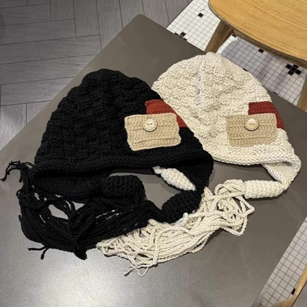 Keep Warm Knitted Hat with Long Tassels Harajuku Designed Ear Protection Hat  Daily