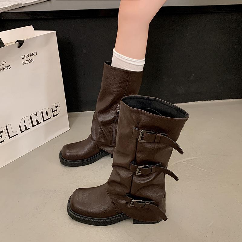 

Vintage medium and high tube western denim pile knight women s boots autumn new buckle French trousers thick heel knight boots 40