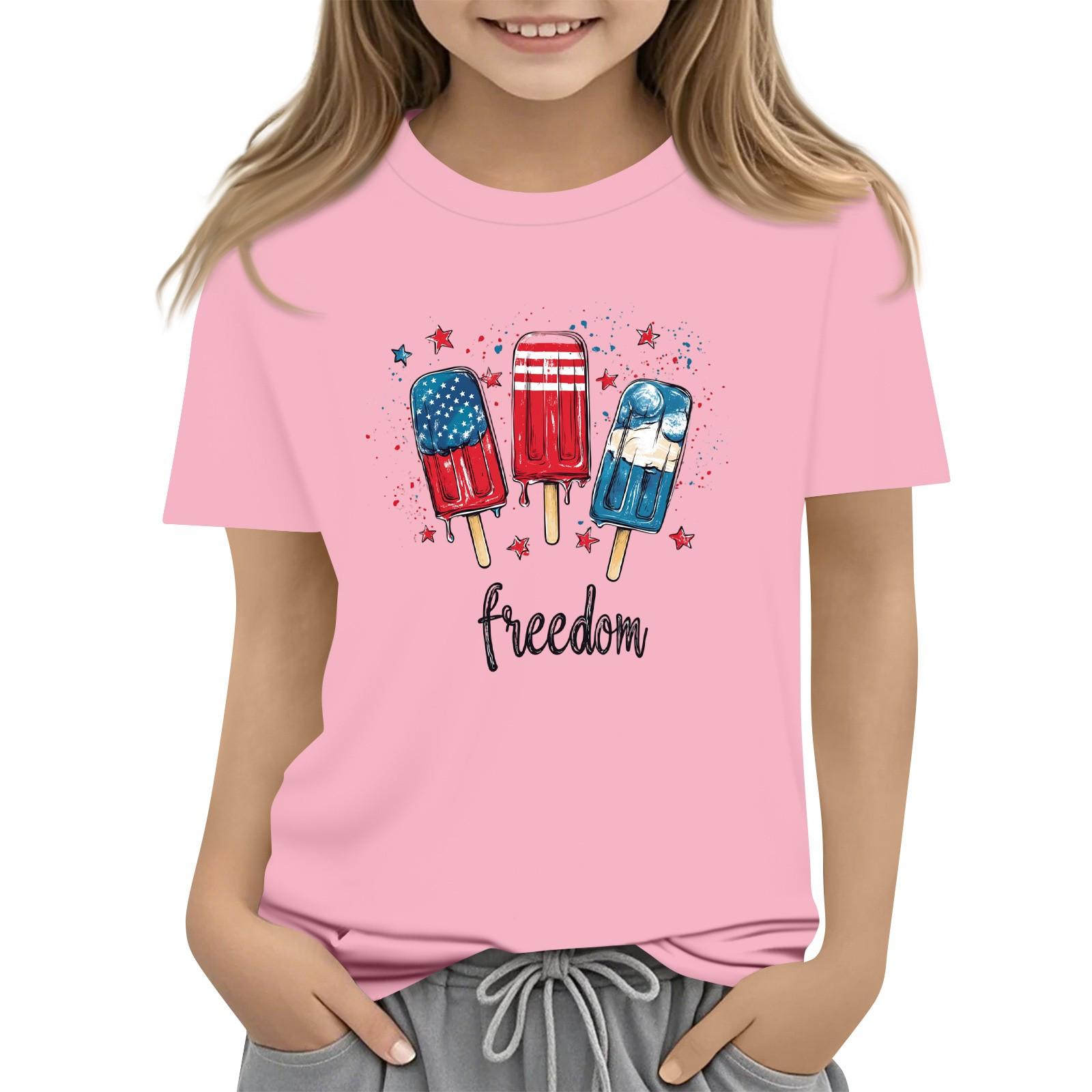 

Детская футболка с коротким рукавом и круглым вырезом в повседневном стиле ко Дню независимости 140 розовый