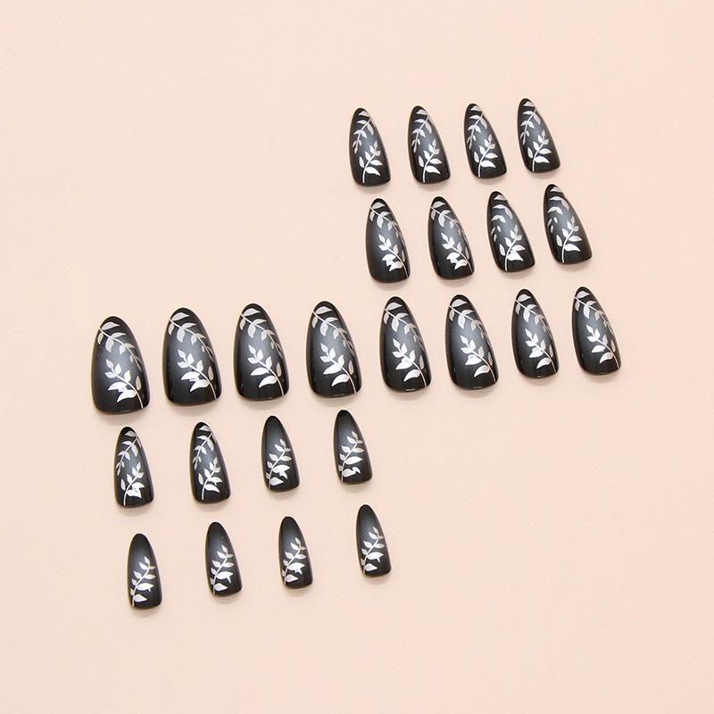 Wear Armor Dark Wind Removable Nail Pieces Silver Leaves Simple Smudging Fake Nail Pieces 24 Fake Nails