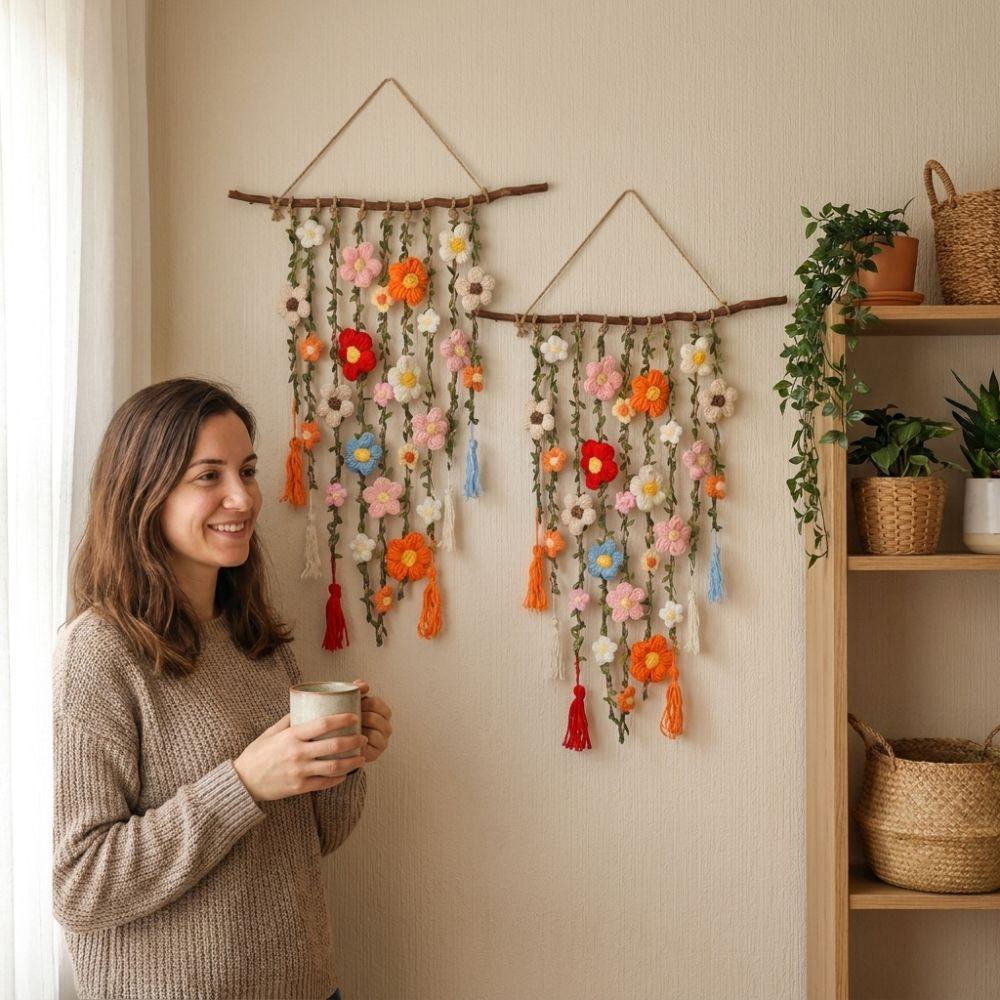 Natural Wooden Branch Crochet Floral Vine Wall Hanging  Bedroom Wall Art