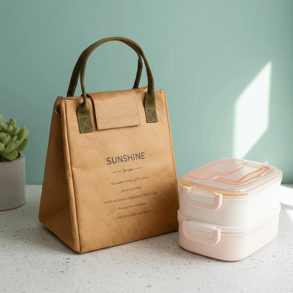 Tragbare Kraftpapier-Mittagessenstasche, große Kapazität, Lebensmittel-Thermos-Handtasche, Camping