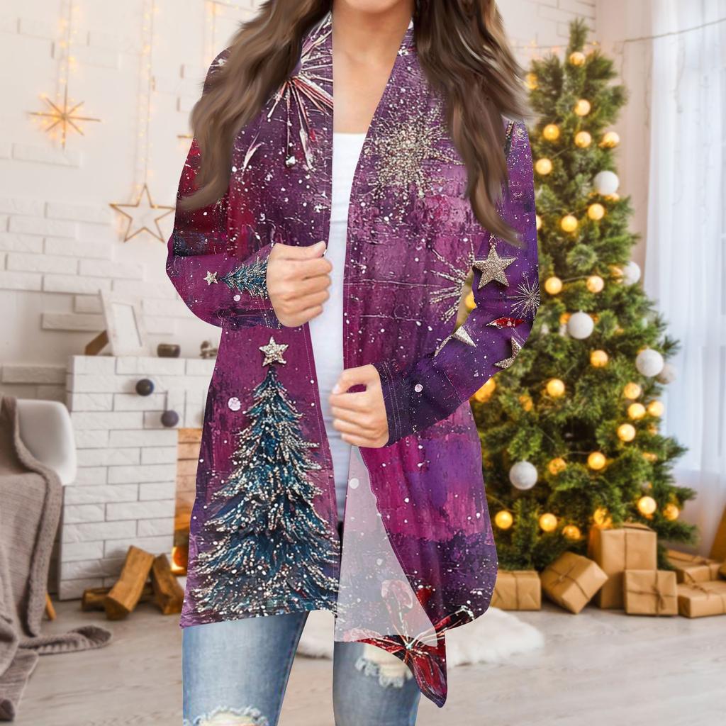 Women's Fashion Casual Christmas  Print Medium Length Cardigan Jacket Coat