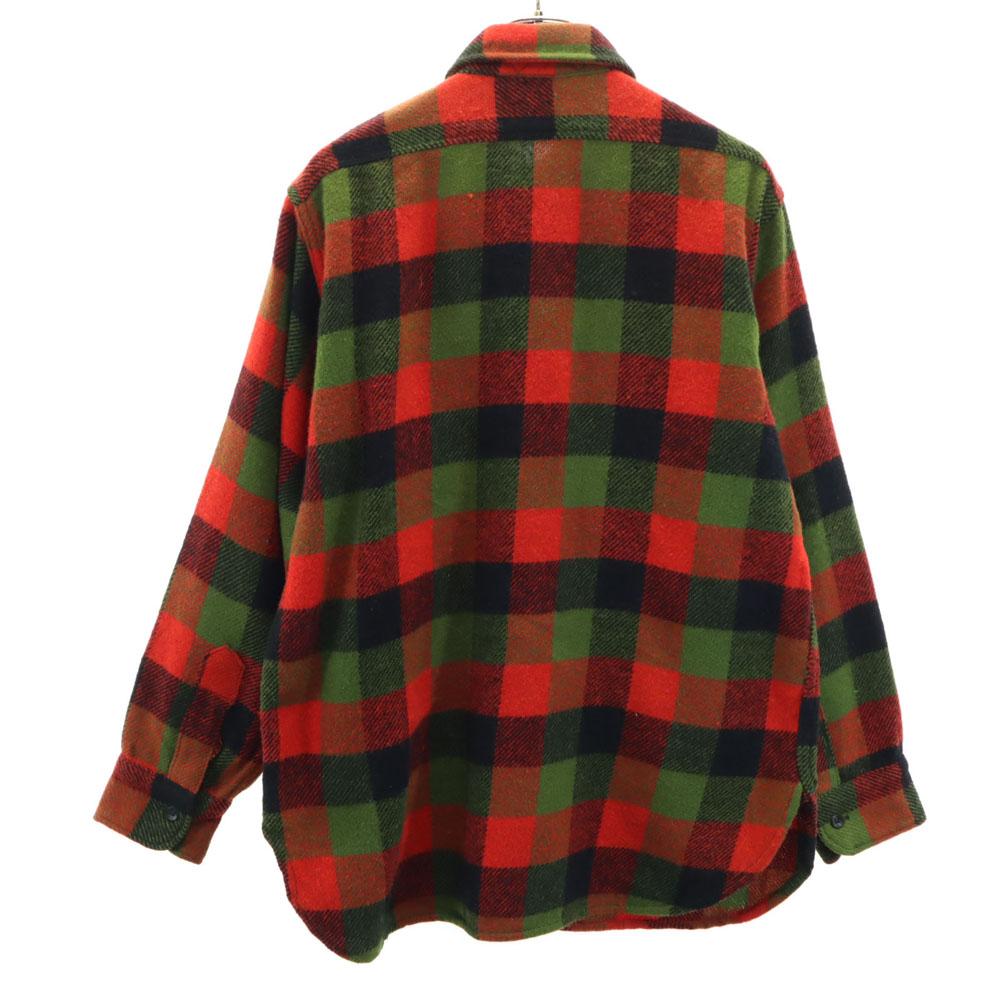 VINTAGE 50s 60s Gusseted wool blend Check Pattern Long sleeve Wool shirt Men's Used
