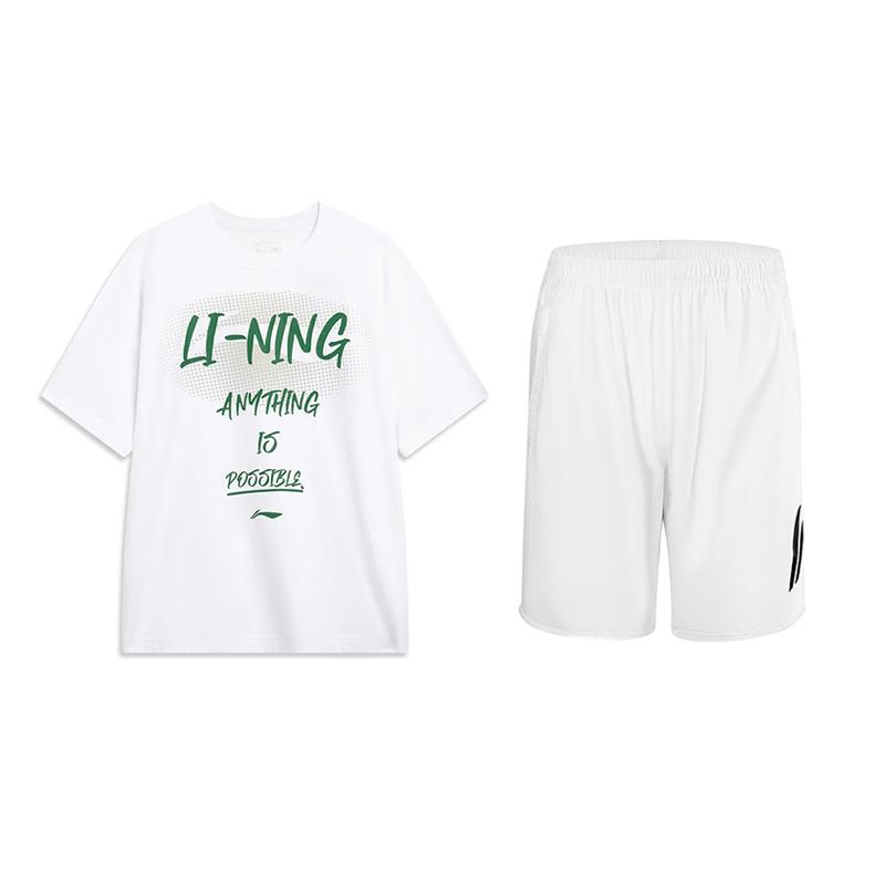 Li Ning American Vintage Round Neck Short Sleeve Elastic Waist Five Point Pants Casual Sports Suit Unisex Suit White AHSU803-1+YKSU157-1