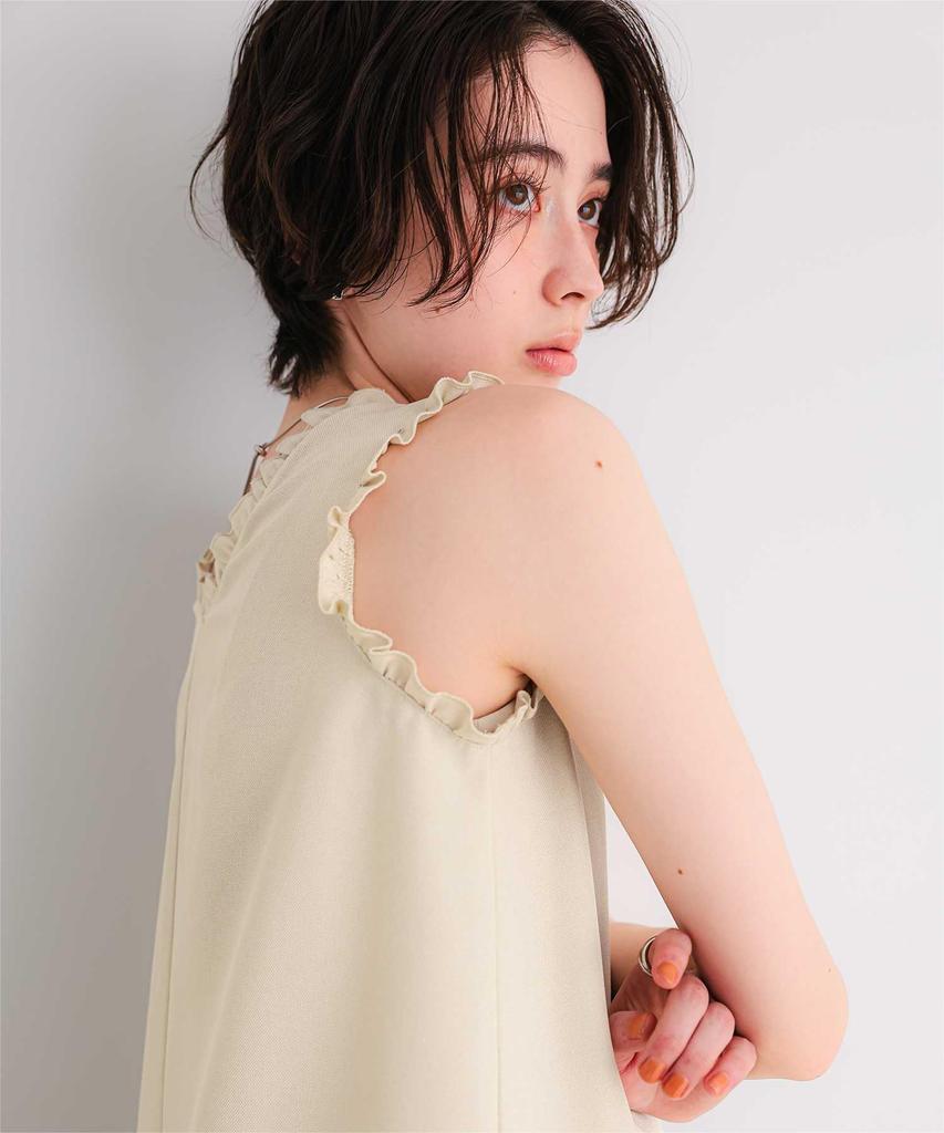 Frill Design Sleeveless Dress AHXN2376 L Ivory [Titivate] Linen-like V-neck Women's