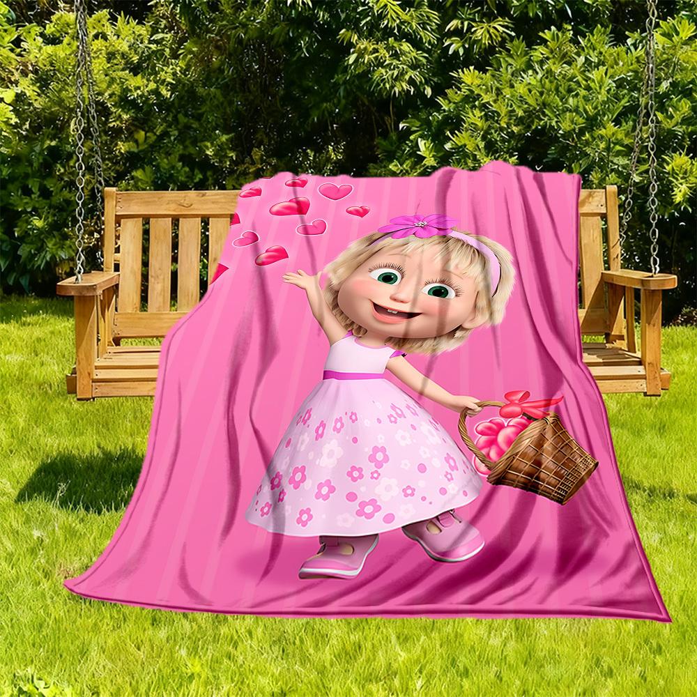 1pc Masha Bear Flower Basket Outdoor Blanket Lightweight Flannel, Soft & Warm, All-Season Use for Sofa, Outdoor, Camping, Living Room, Office064
