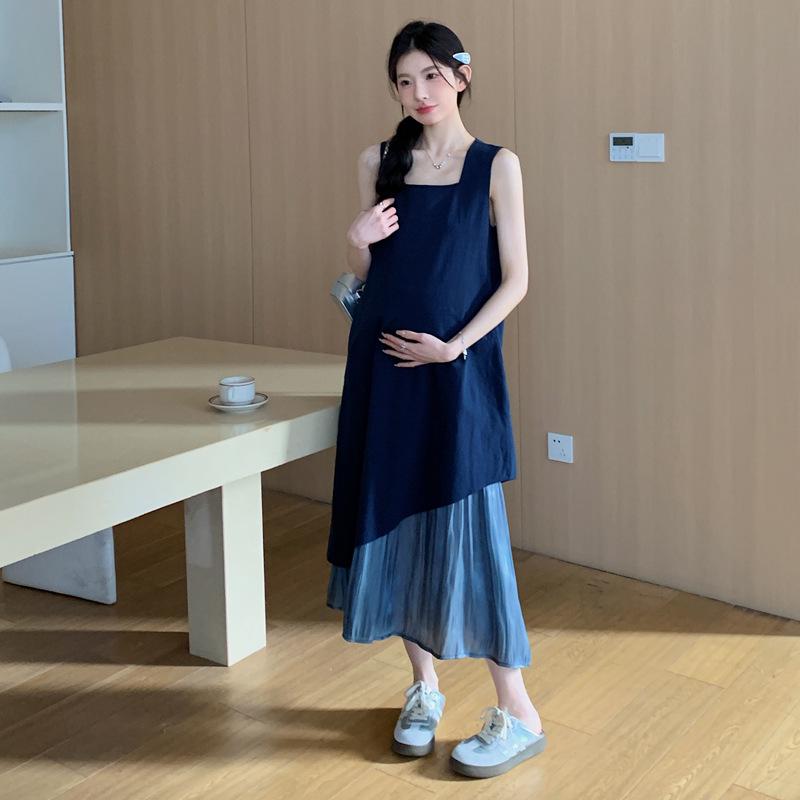 

2025 Summer Maternity Sleeveless Patchwork Maxi Dress L Темно-синій