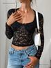 Spring/Summer European-American Sexy Slim Fit Hollow Out Long Sleeve Lace Top