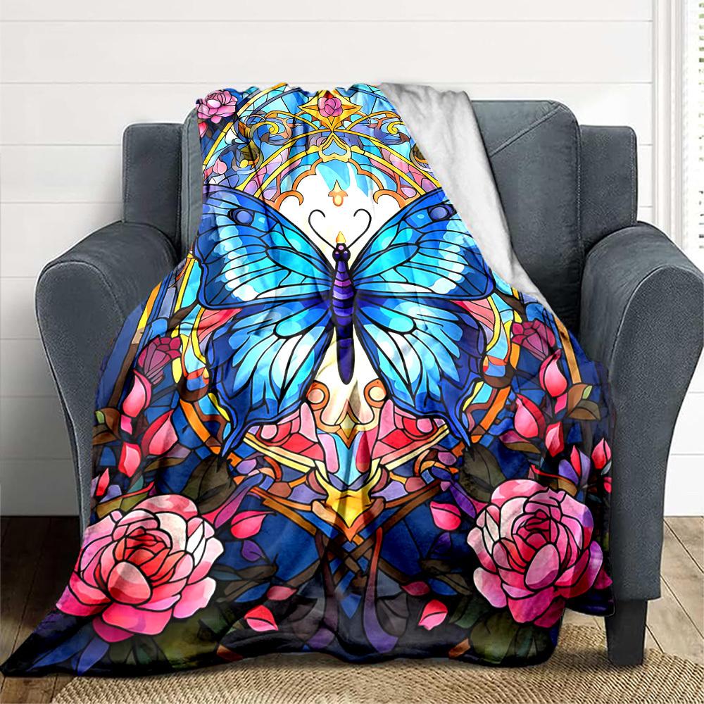 1pc Butterfly StainedGlass Lightweight Flannel Blanket, Comfortable and Warm Blanket, for Office and Camping Sofa Bed, Livingroom171