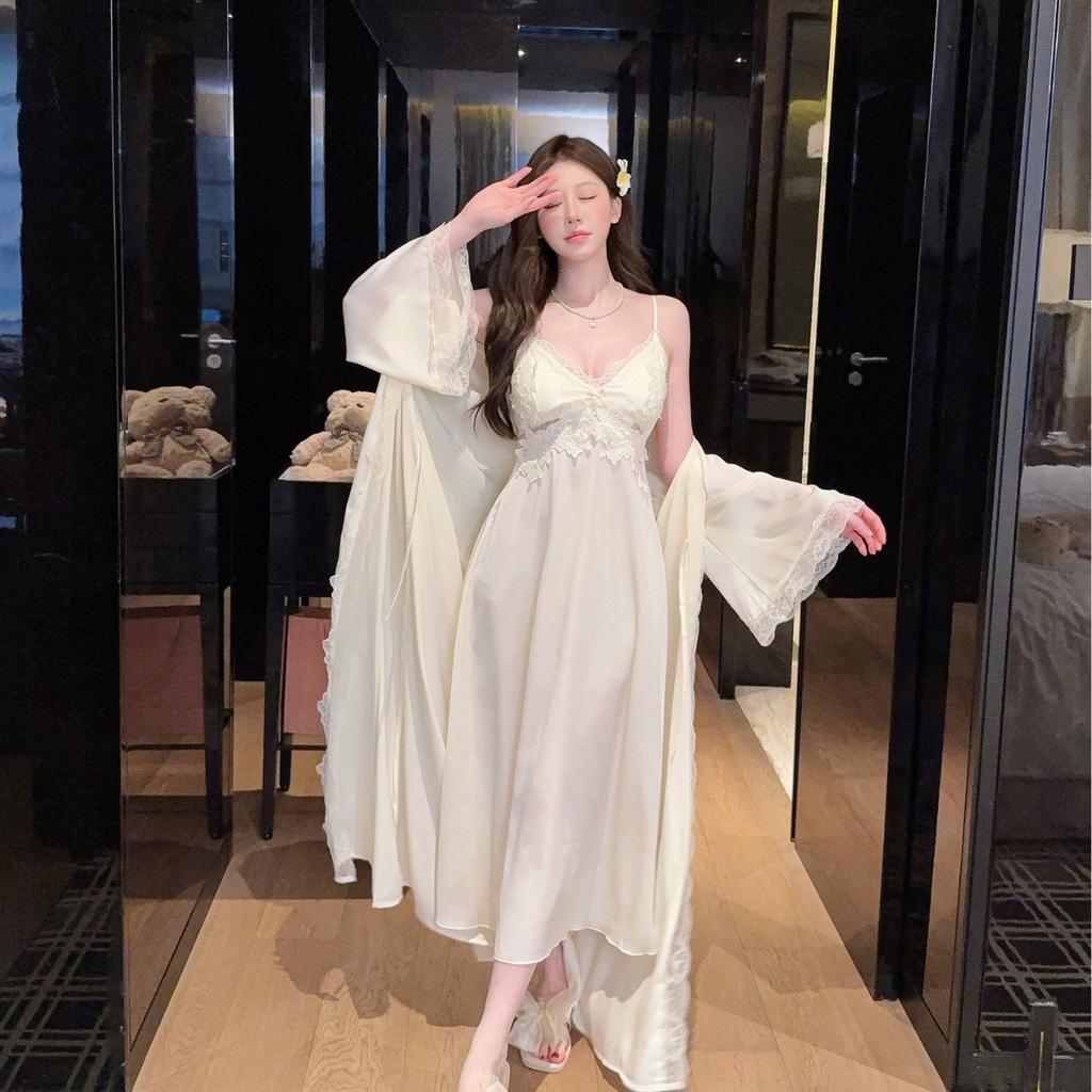 Sexy pajamas women's ice silk new summer lace pure desire long knee suspender nightdress silk loungewear
