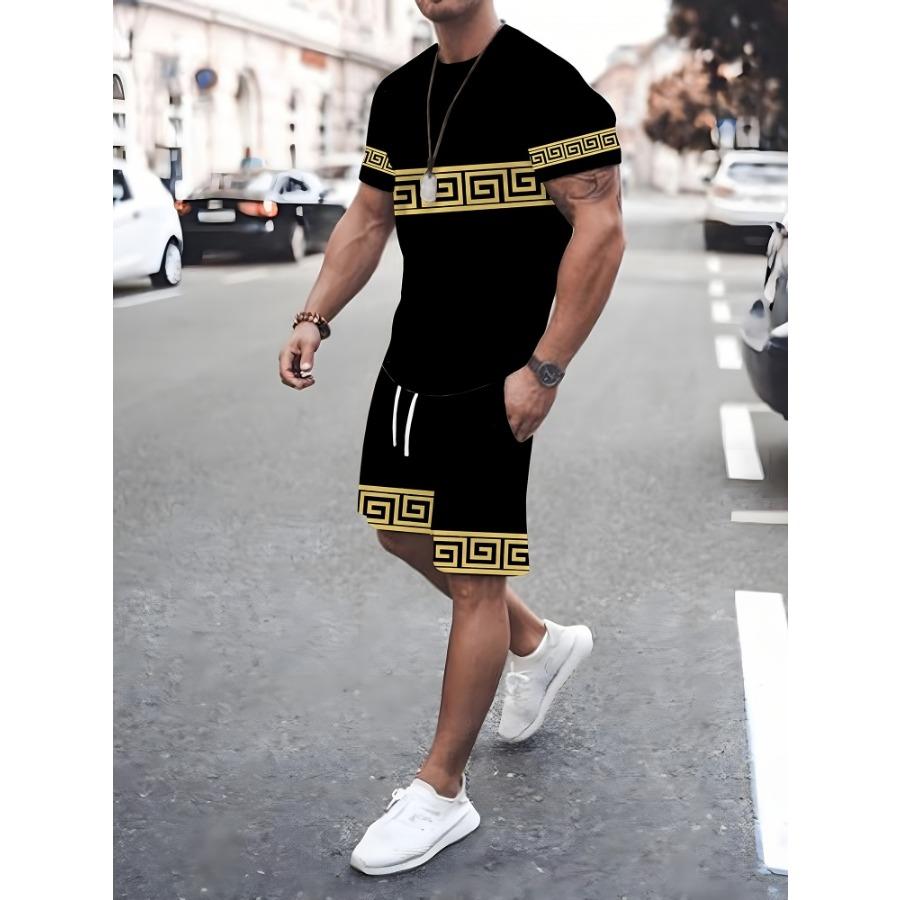 2-teiliges Set mit Kurzarm-Shorts für Herren mit Vintage-Print für den Sommer, lässiges Herren-T-Shirt für den Alltag, Outdoor-Sport, Strandshorts für Herren