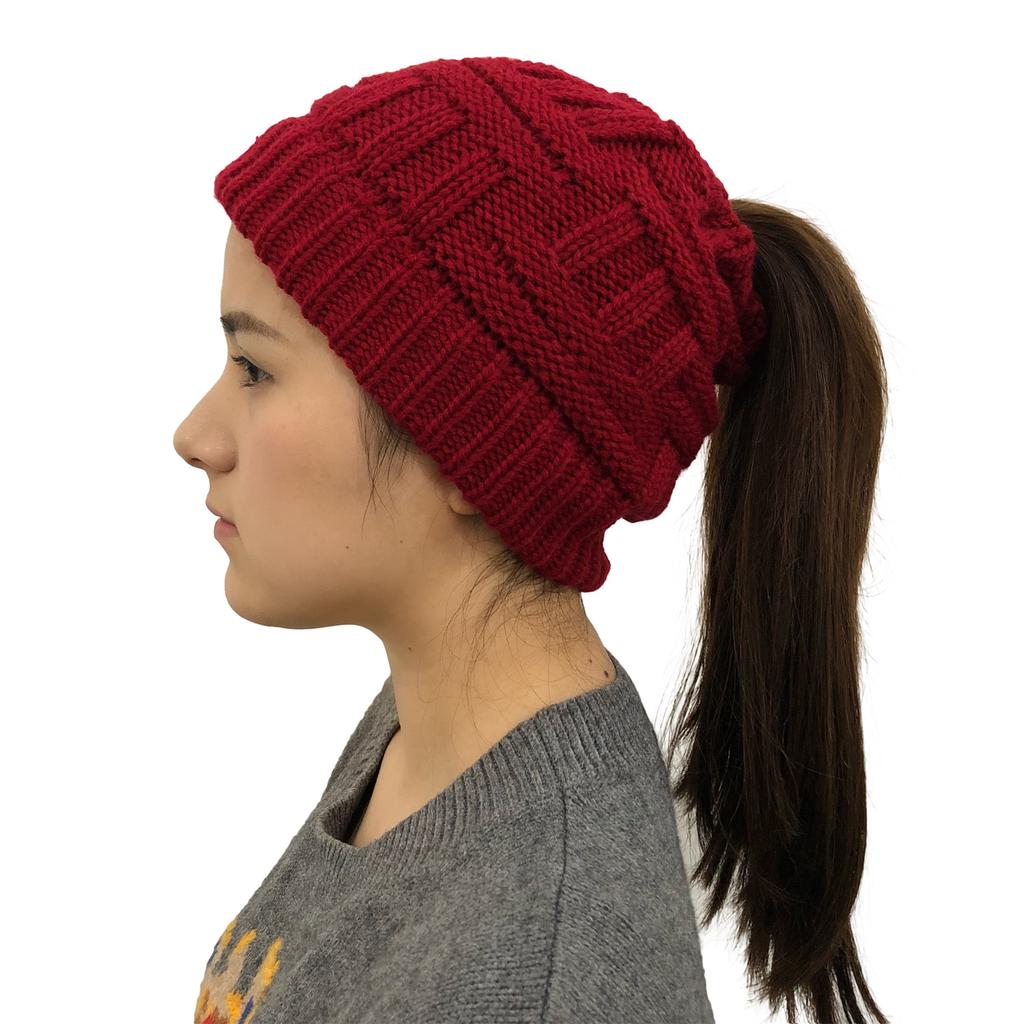 Women Autumn Winter Warm Kitting Hat for Ponytail Girls