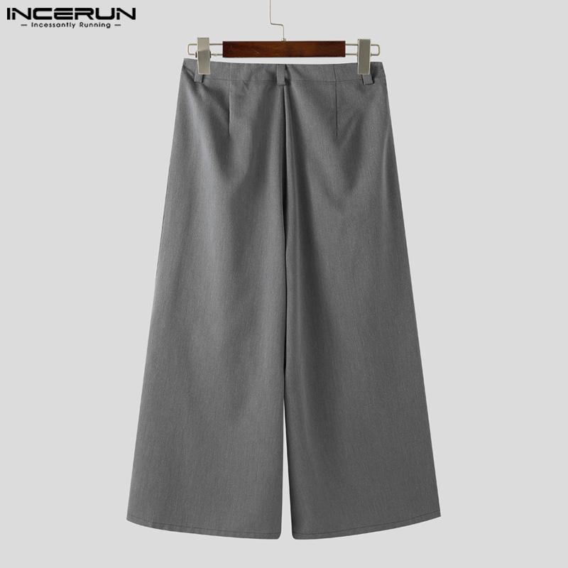 INCERUN Men Casual Zipper Waist Lace Hem Long Wide Legs Pants Trousers