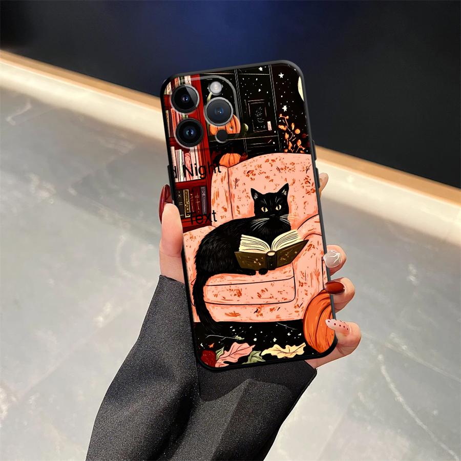 Black Soft Phone Cover Case for iPhone 17Air XS Max XR 7 8 15 16 14 Plus 13 12 11 17 Pro Max Cartoon Cat
