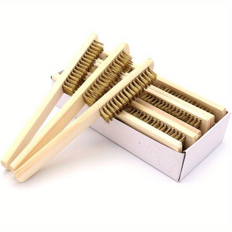 12pcs Wooden Handle Brass Wire Brush: Industrial Surface/Inner Polishing, Grinding, Cleaning, 6x16 Row Brushes - Car Care Tools