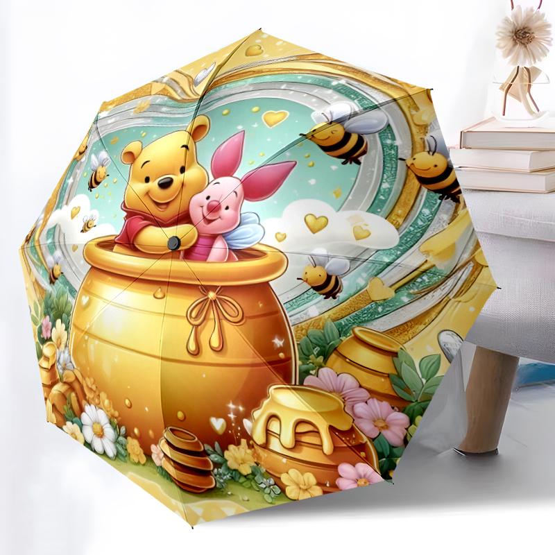 1pc Sturdy 8-Bone Auto Umbrella, Pooh Bear Hammock Pastel Umbrella, Digital Printed, Foldable Umbrella for On-the-Go Outdoor Use