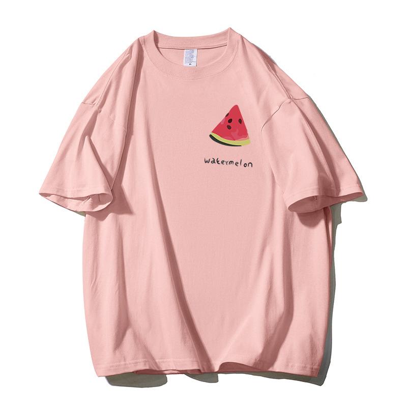 Shellsuning Tricouri casual din bumbac de vară cu decolteu în formă de O Tricouri cu grafic pentru femei drăguț pepene verde pentru femei, simplu, la modă, cu mâneci scurte, topuri fete