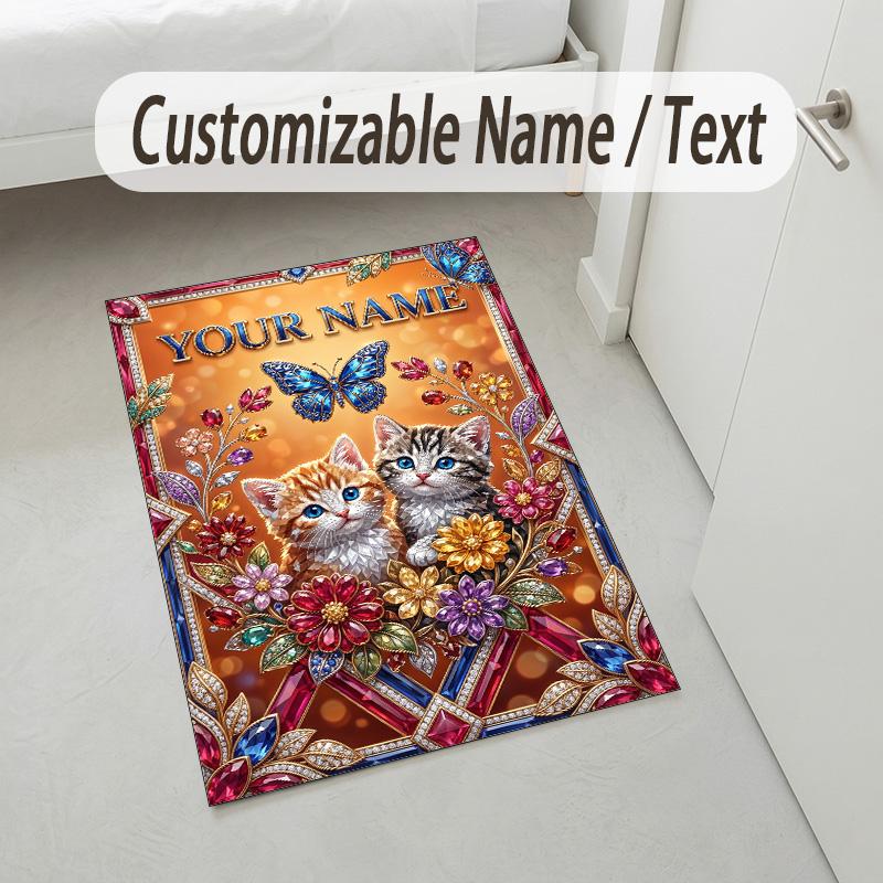 Cat Theme Crystal Velvet Rug Personalized Custom Name Text Soft Floor Mat Home Decor