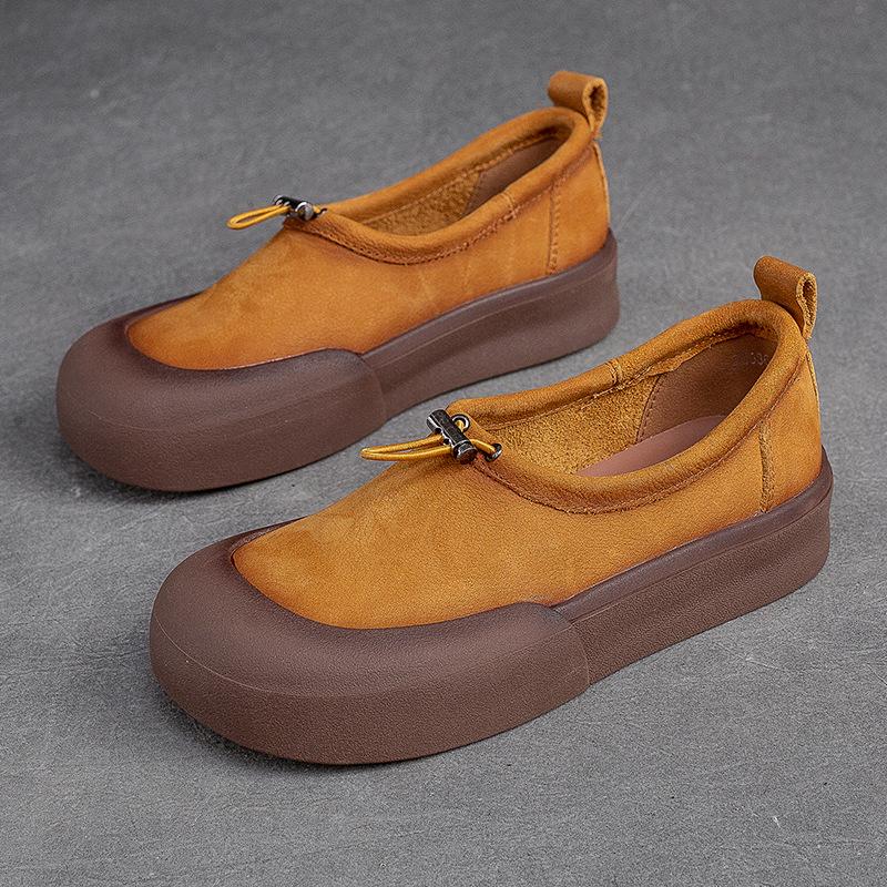 Johnature Retro originálna koža Dámske nazúvacie ploché topánky s okrúhlou špičkou a hrubou podrážkou Pohodlné topánky na platforme