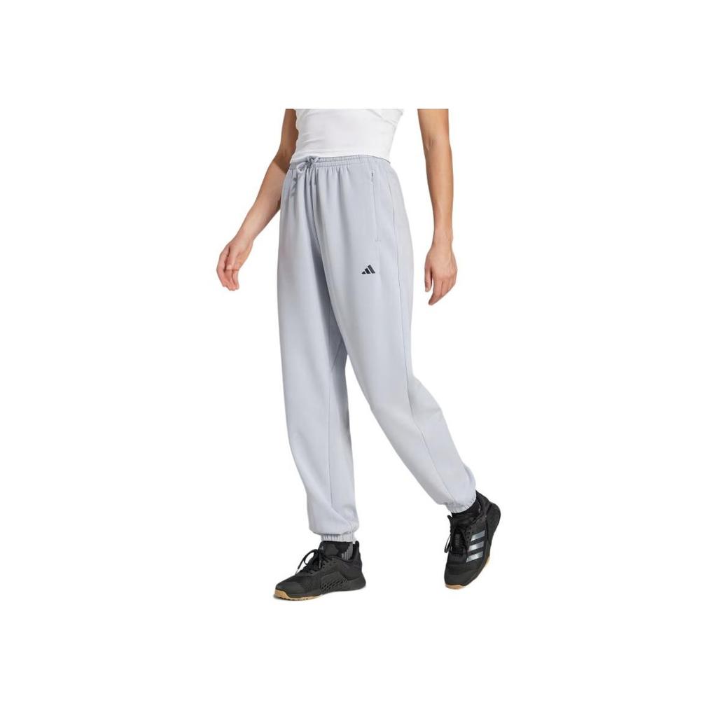 Adidas Solid Color Lace-Up Loose Tapered Knit Sports Pants Women Bottoms Halo-Silver JP2643