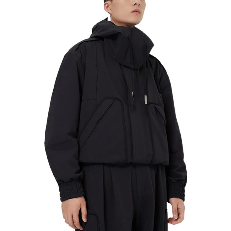Li Ning X Jackie Chan Kung Fu Serie Einfarbige Kapuzenjacke mit Reißverschluss und Kordelzug Locker Jacke Herrenjacke Schwarz AJDSA31-1