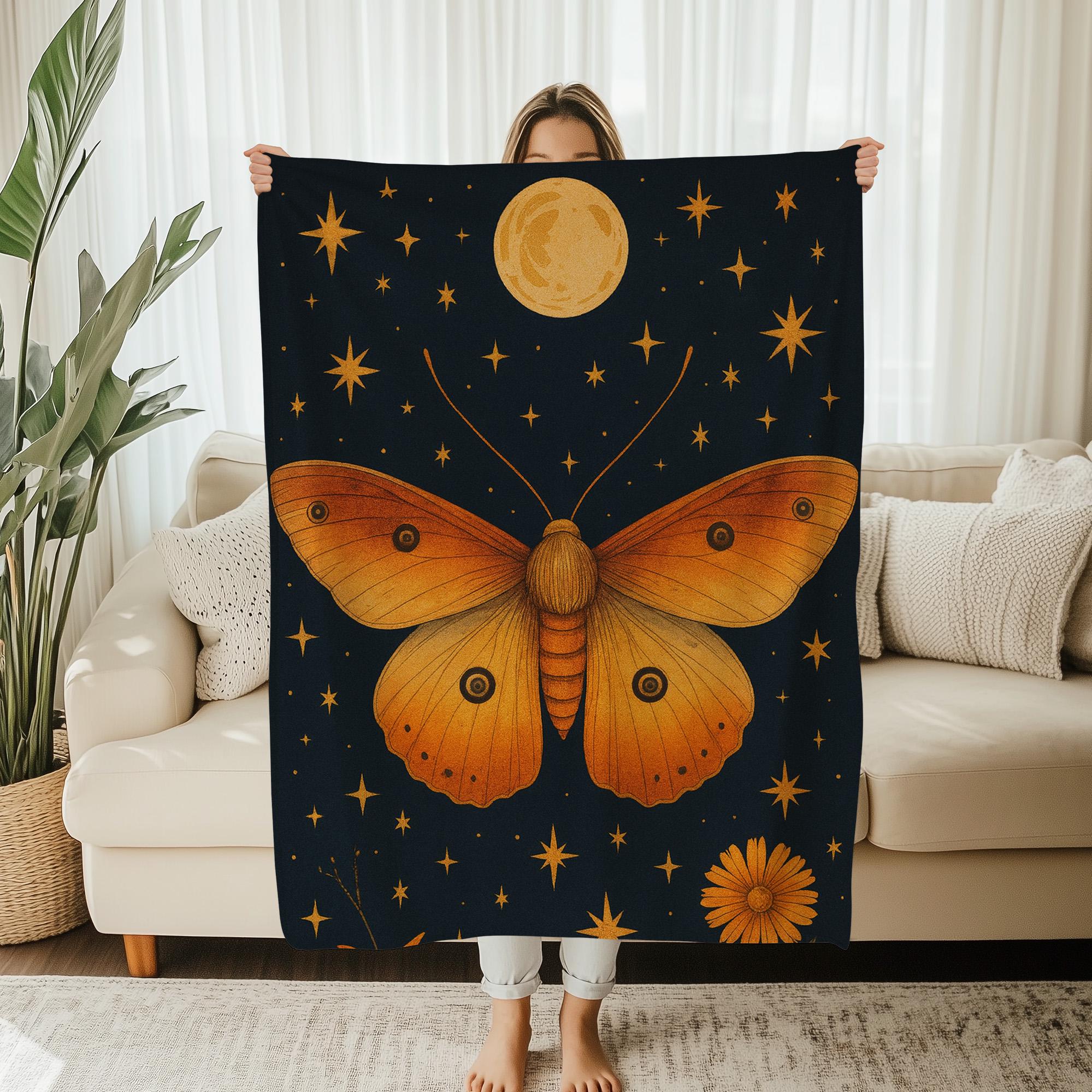 Moth  Moon Celestial Fleece Flannel Blanket  Mystical Witchy Lunar Starry Sky Throw Gift 75x100cm (30x40inch)