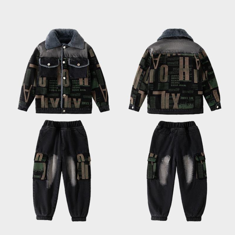 Children's Clothing Boys Winter Denim Suit Plus Velvet Thick Jacket Jeans 2-piece Boy