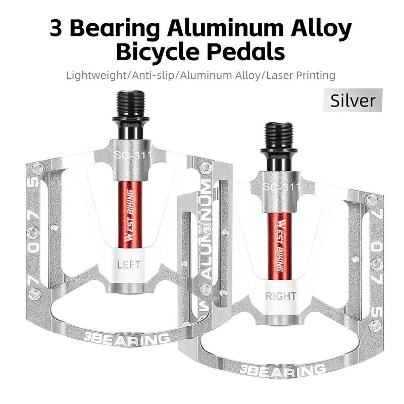 WEST BIKING 3 Bearing Bicycle Pedal CNC Aluminum Alloy Anti Slip MTB Road Bike Pedal Widen Pedals Profession Bike Accessories 0802083 Silver