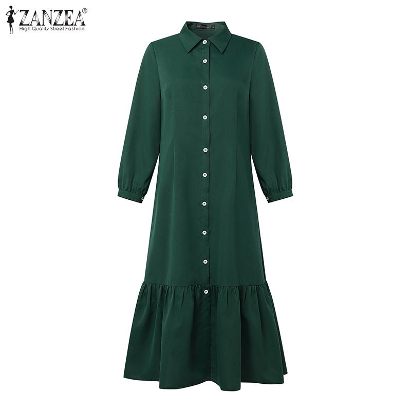 ZANZEA Women Casual Turn Down Collar Solid Color 3/4 Sleeve Loose Dress