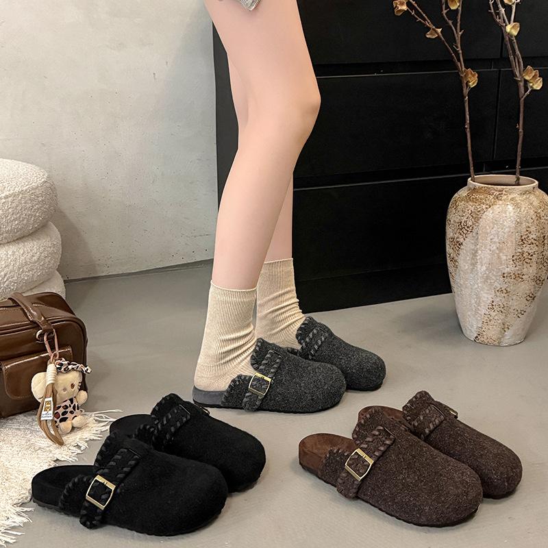 2025 Autumn New French Round Head Flat Bottom Half Slippers Women Wear Versatile Fashion Bag Head Slippers Women's Shoes