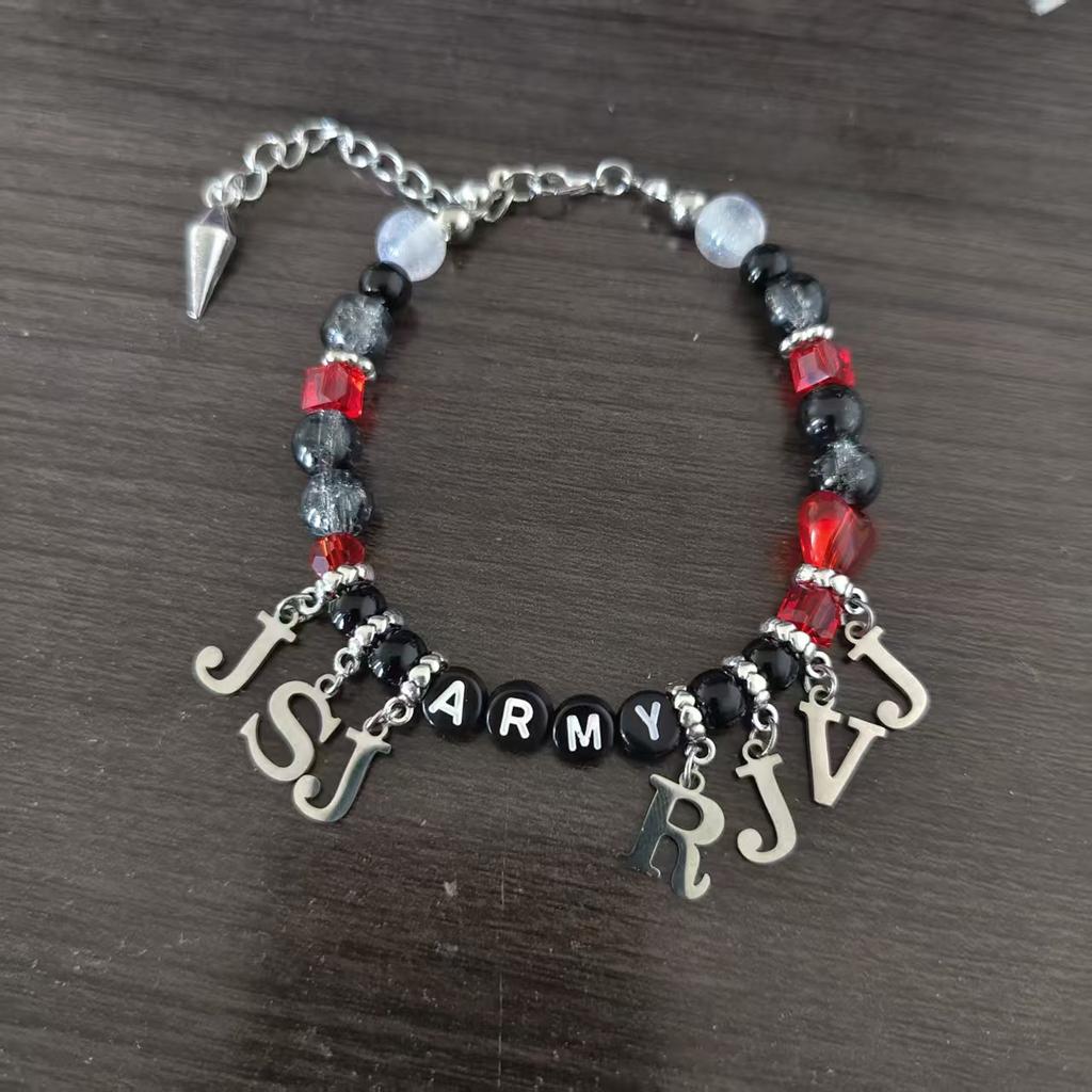 BTS ARMY Beaded Bracelet: K-Pop Bangtan Boys Inspired Jewelry with Member Initial Charms, Black Onyx & Red Crystal Beads, Adjustable Fan Gift