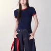 Kontrastfarbenes einfarbiges Rundhals-Slim-Kurzarm-T-Shirt für Damen Sommer Neues koreanisches Mode-Top