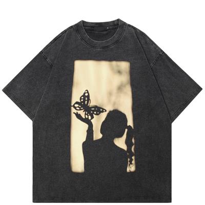 T-shirt Streetwear con Grafica Ombra Cotone Lavato Nero T-shirt Unisex Top Magliette Estiva Maniche Corte