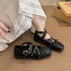 Fashion Retro Bow Cross Straps Mary Jane Shoes for Women 2025 Spring Autumn New Shallow Mouth Rivets Ballet Low Heel Pumps PU Square Toe