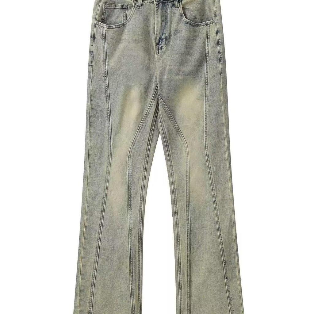 Unisex American Retro Flared Yellow Mud-Dyed Jeans