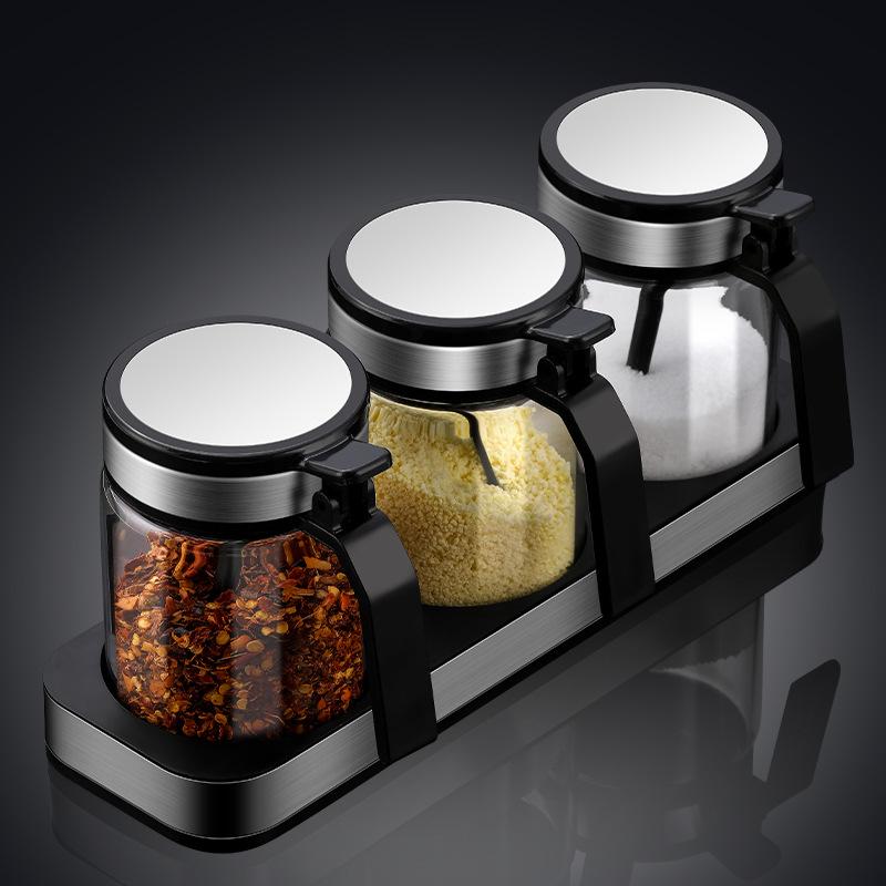 Kitchen Seasoning Box Clear Glass Seasoning Container with Stainless Steel Lid Condiment Pots for Kitchen Counter Food Storage