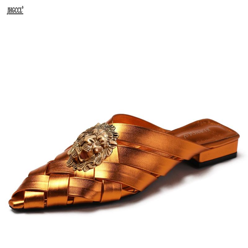 

Fashion Hollowed-out woven pointed-toe flip-flops for women, new thick-heeled fashion, closed-toe half slippers, mules T77 43 оранжевый