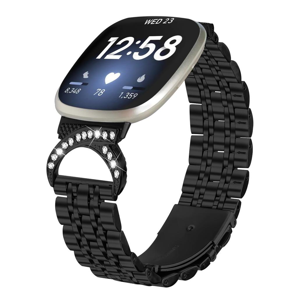 Pour Fitbit Versa 3/Sense Bracelet Sept Perles Acier Inoxydable Bracelet de Montre avec Connecteur Style Corne de Bœuf Strassé