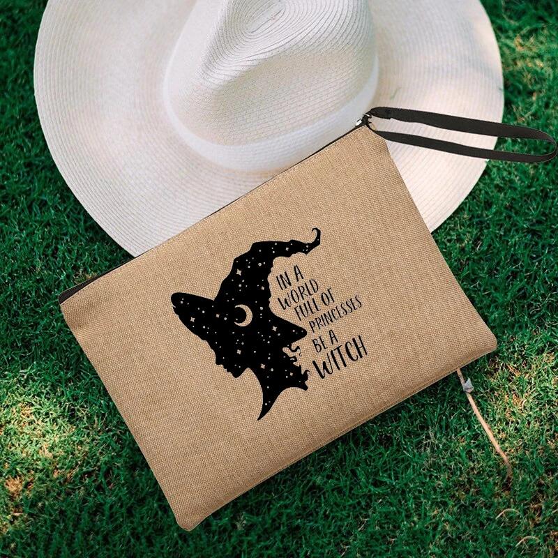 Witch Print Canvas Zipper Makeup Bag Witchcraft Women Travel Lipstick Bag Skincare Storage Organizer Pencil Case Cosmetics Bags