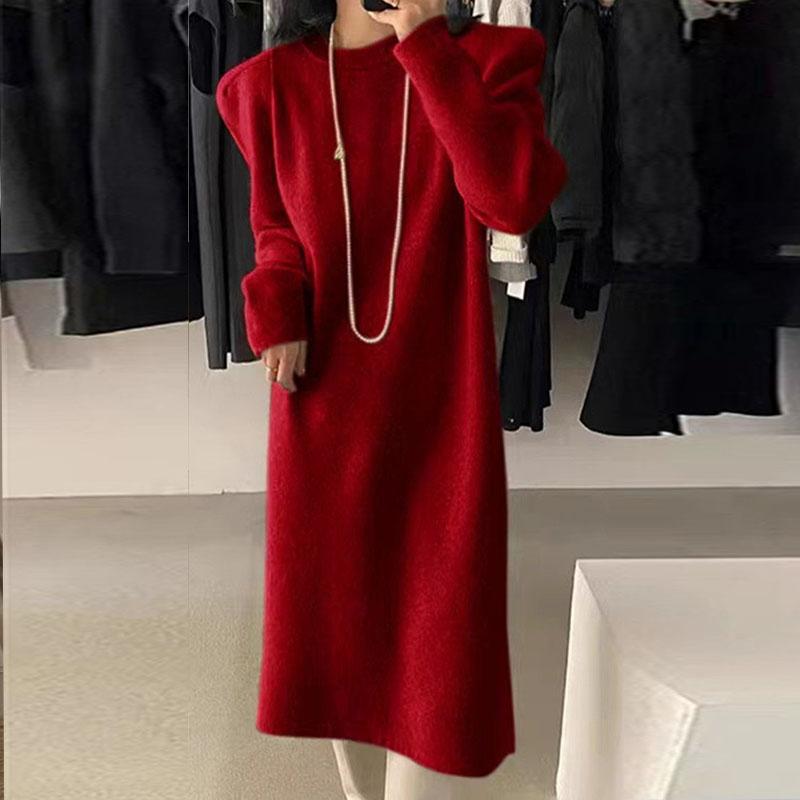 Knitted Sweater Solid Color Medium Long Dress Over Knee Pullover Knitted Loose Base Over Knee Solid Color Women