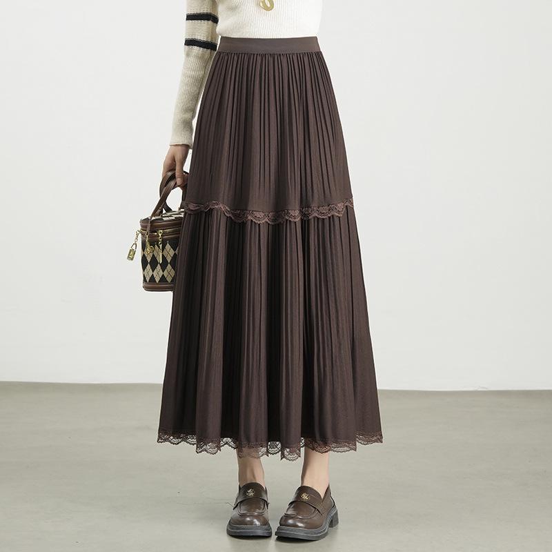 Autumn 2025 Korean-Style Lace Patchwork Pleated Skirt for Women with Elastic Waist