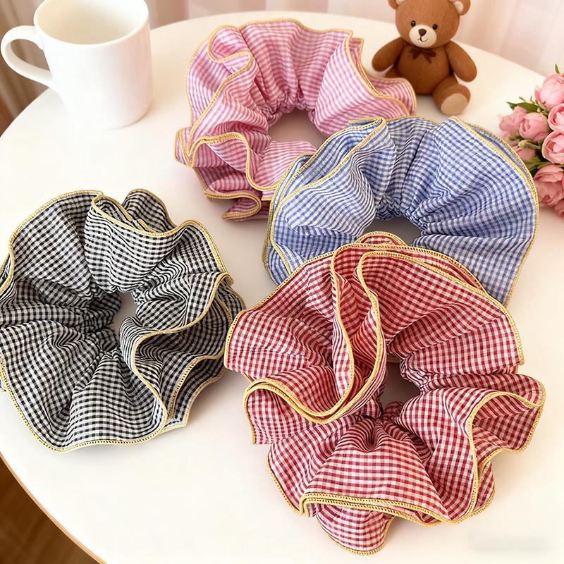 Korean Style Ruffled Plaid Color-Block Hair Tie - Retro Bun Accessory
