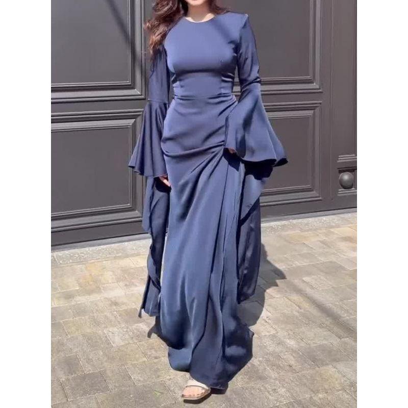 Cross-Border Middle East Foreign Trade Women's Clothing 2024 Fall New Arrival Dubai Robe Silm Slim Looking Waist-Tight Elegant Dress Women