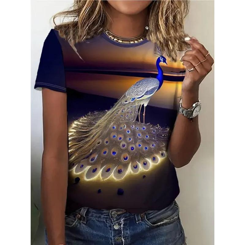 Sommer Rund Hals 3D Dyreprint Topp Moteable Casual Kortarmet Dame T-skjorter