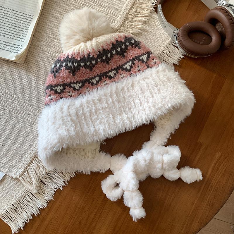 

Wind straps Plush ear caps Children s thickened warm knitted caps in autumn and winter Show small face Wool hat tide