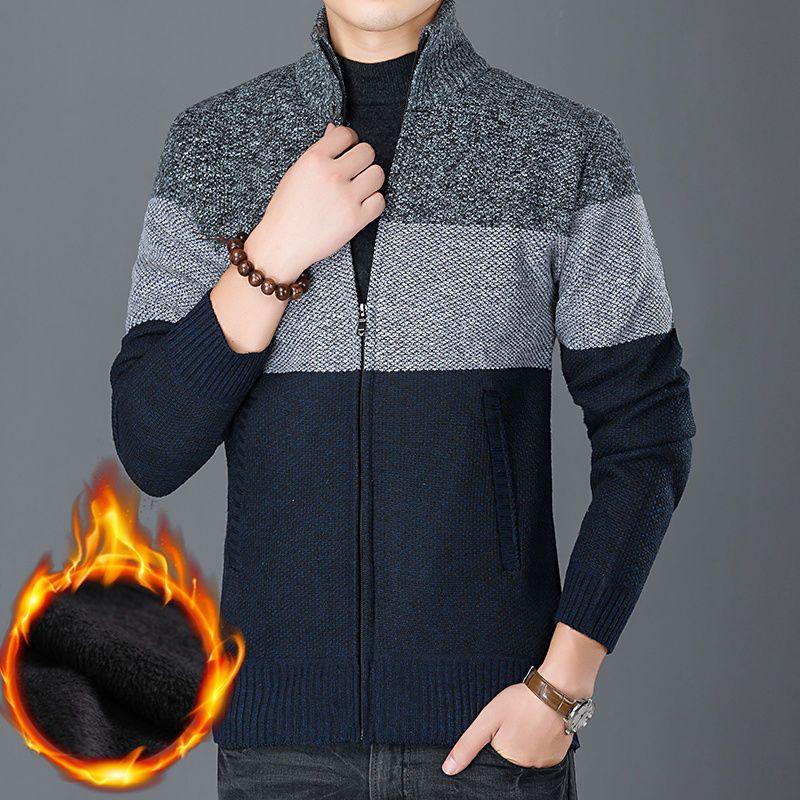 Thick Winter Men's Sweater with Added Fleece Zipper Cardigan Oversized Stand Up Collar Knitted Warm Jacket