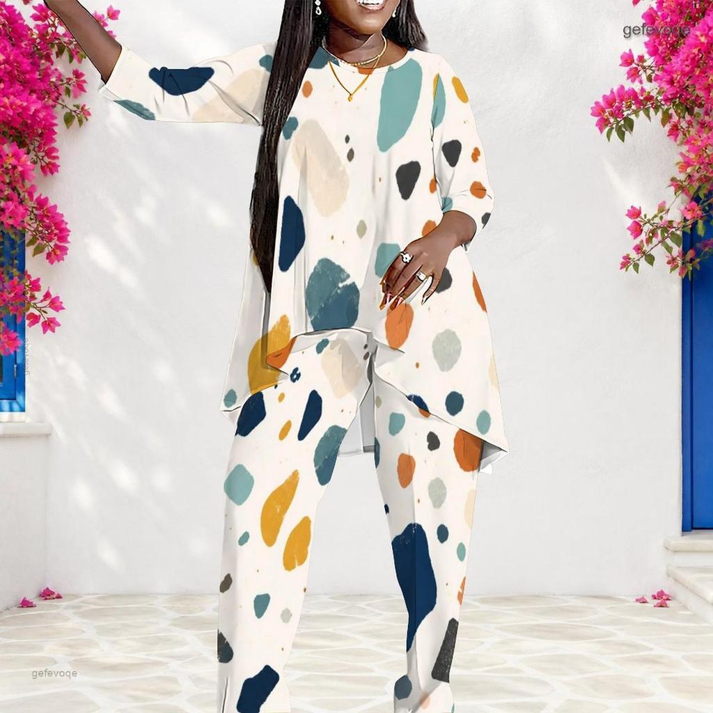Women Plus Size Geometric Printed Round Neck 3 4 Sleeve Layered Top Long Pants Two Piece Set